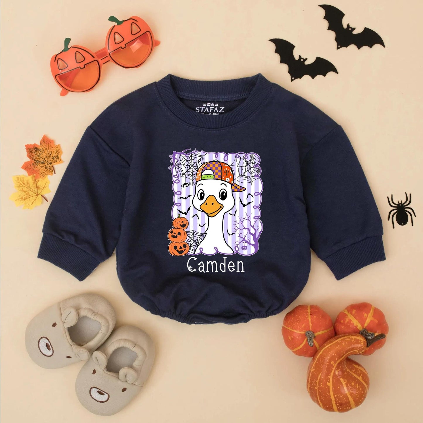 Personalized Halloween Goose Matching Sweatshirts for Siblings Cute Cartoon Pumpkin Spooky Sibling Outfit Custom Halloween Gift Idea