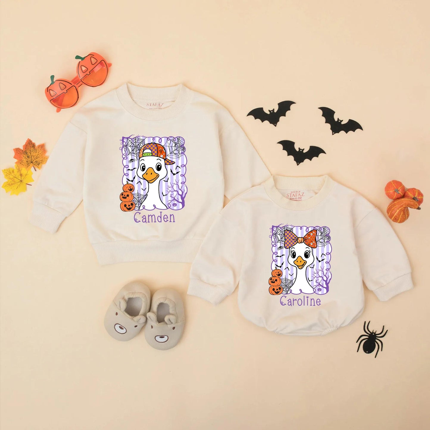 Personalized Halloween Goose Matching Sweatshirts for Siblings Cute Cartoon Pumpkin Spooky Sibling Outfit Custom Halloween Gift Idea