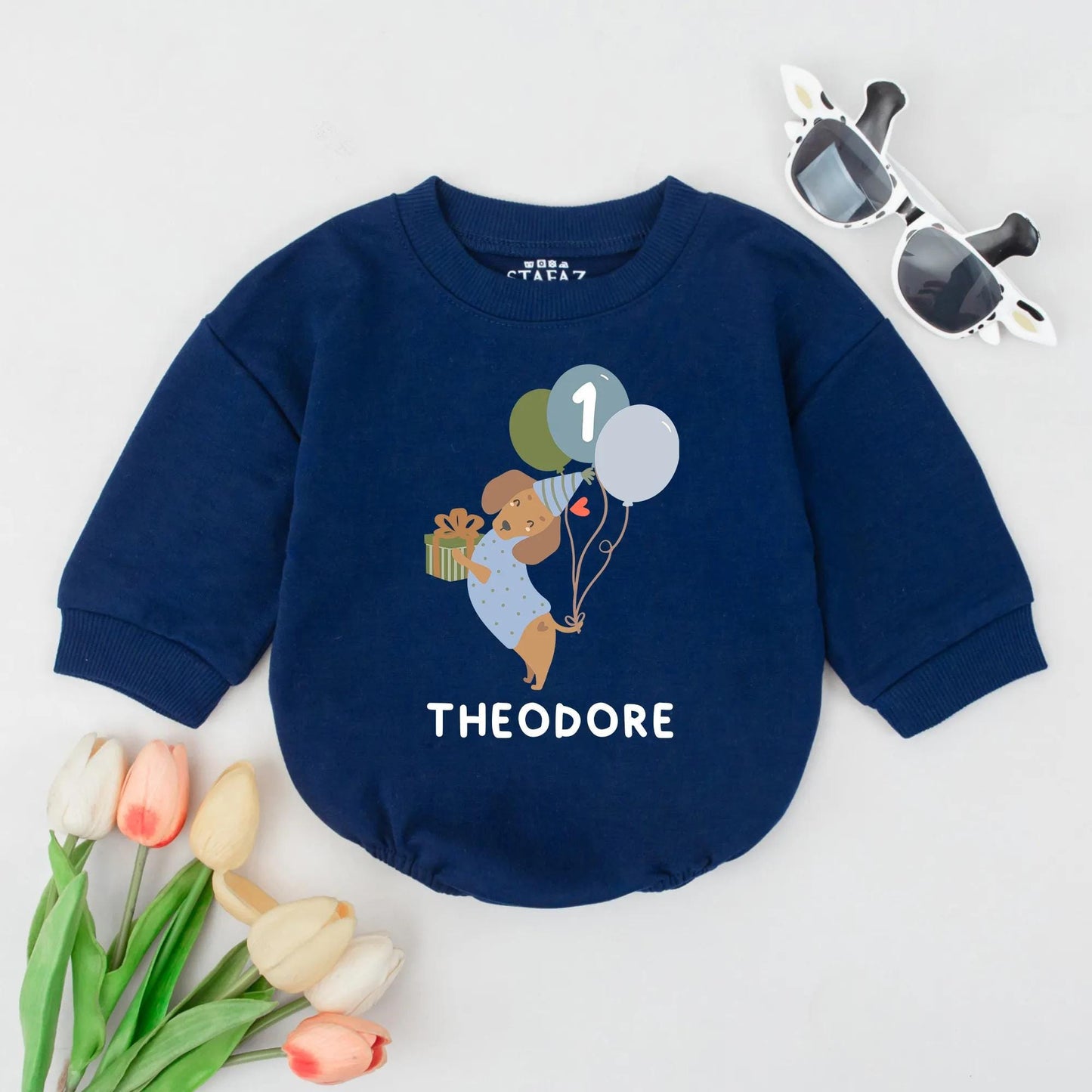 Custom Puppy Dog Birthday Romper Themed for a 1st Birthday with Pastel Balloons One Year Old Outfit for Baby Boys or Girls Personalized Gift
