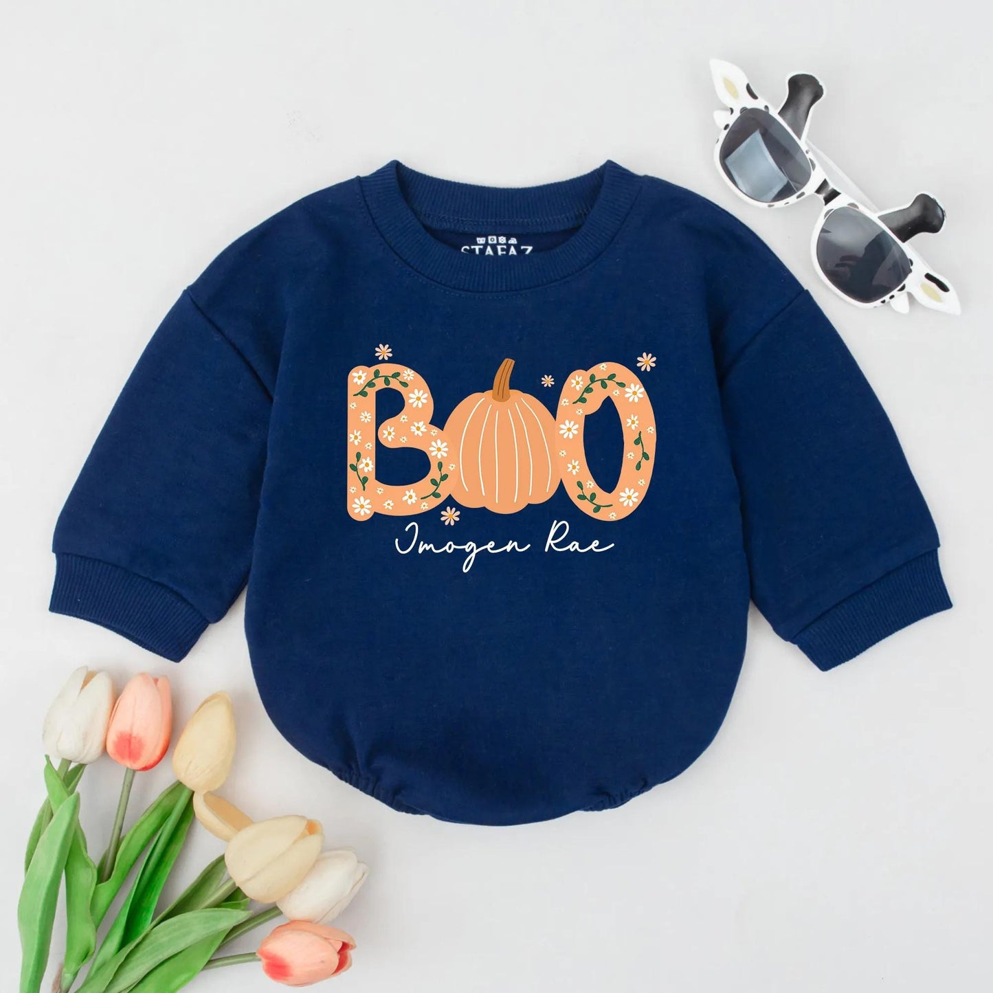 Personalized Boo Pumpkin Floral Bubble Romper Baby Name Fall Thanksgiving Halloween First Celebration Bodysuit Cute Toddler Infant Clothes Baby Shower Gift