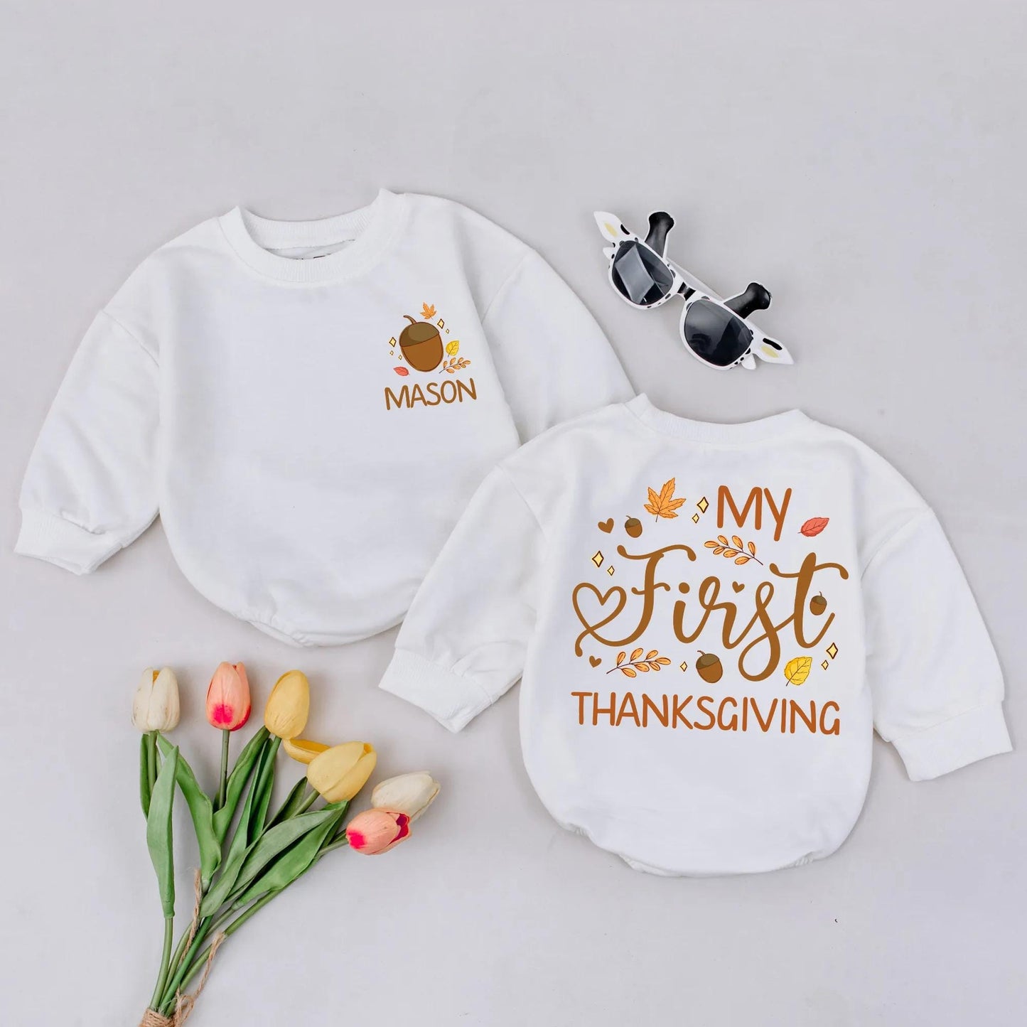 Personalized My First Thanksgiving Baby Romper with Acorn & Leaves | Custom Name 1st Fall Outfit, Baby Shower Gift