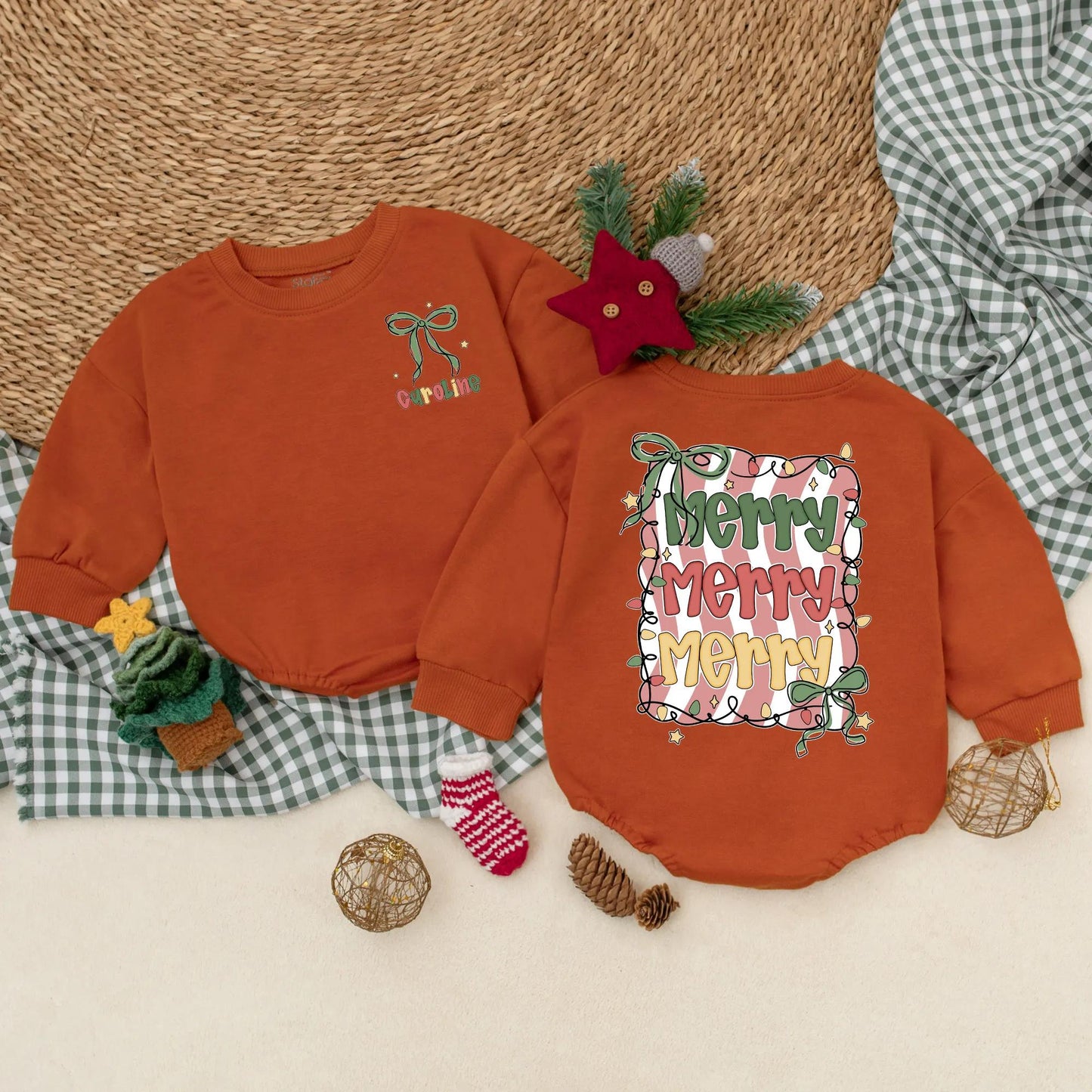 Custom Merry Christmas Baby Romper Green Bow Vintage Lights Red White Stripes Infant Holiday Outfit Baby's First Christmas Gift
