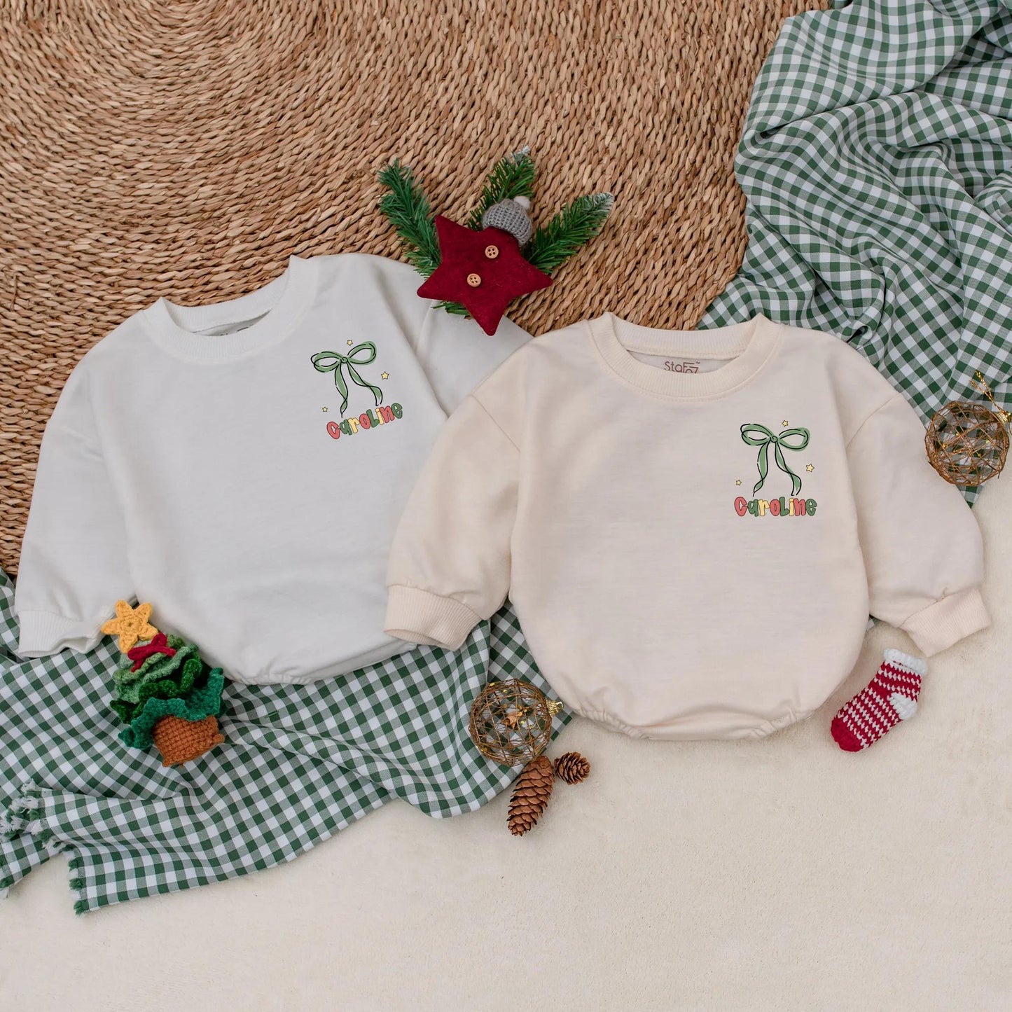 Custom Merry Christmas Baby Romper Green Bow Vintage Lights Red White Stripes Infant Holiday Outfit Baby's First Christmas Gift