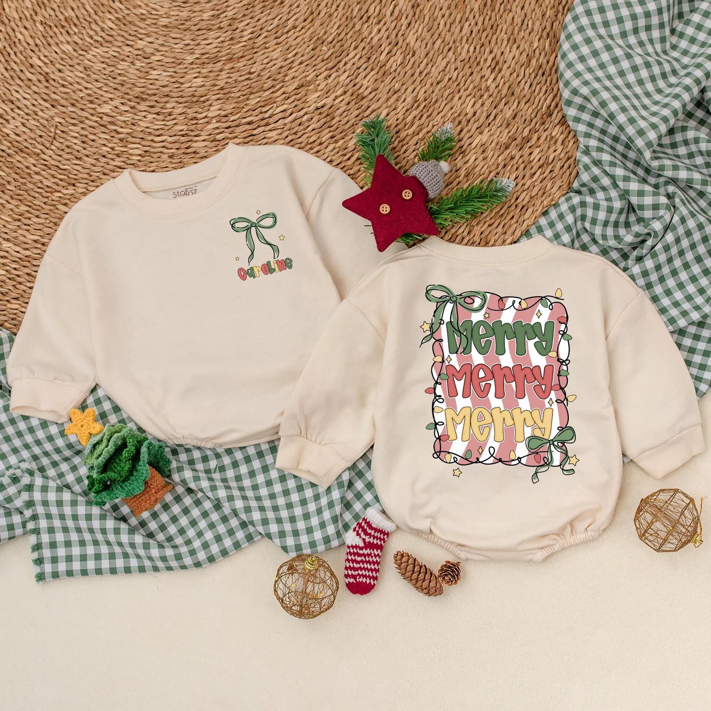 Custom Merry Christmas Baby Romper Green Bow Vintage Lights Red White Stripes Infant Holiday Outfit Baby's First Christmas Gift