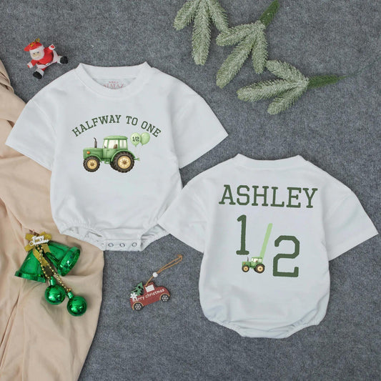 Personalized "Halfway to One" Green Farm Tractor Bubble Romper for Baby Girls & Boys Cute Tractor Birthday Outfit Farm Baby Gift