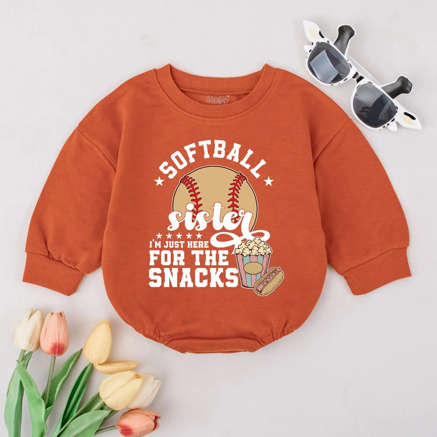 Softball Sister Romper Funny Baby Outfit for Snacks Game Day Bodysuit Cute Sports Fan Baby Clothes Perfect Baby Shower Gift