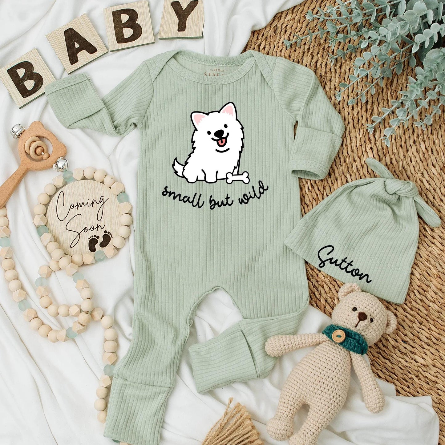 Small But Wild Baby Bodysuit Cute Cartoon Dog Puppy with Tongue Out Happy Expression Black and White Minimalist Playful Design Newborn Outfit