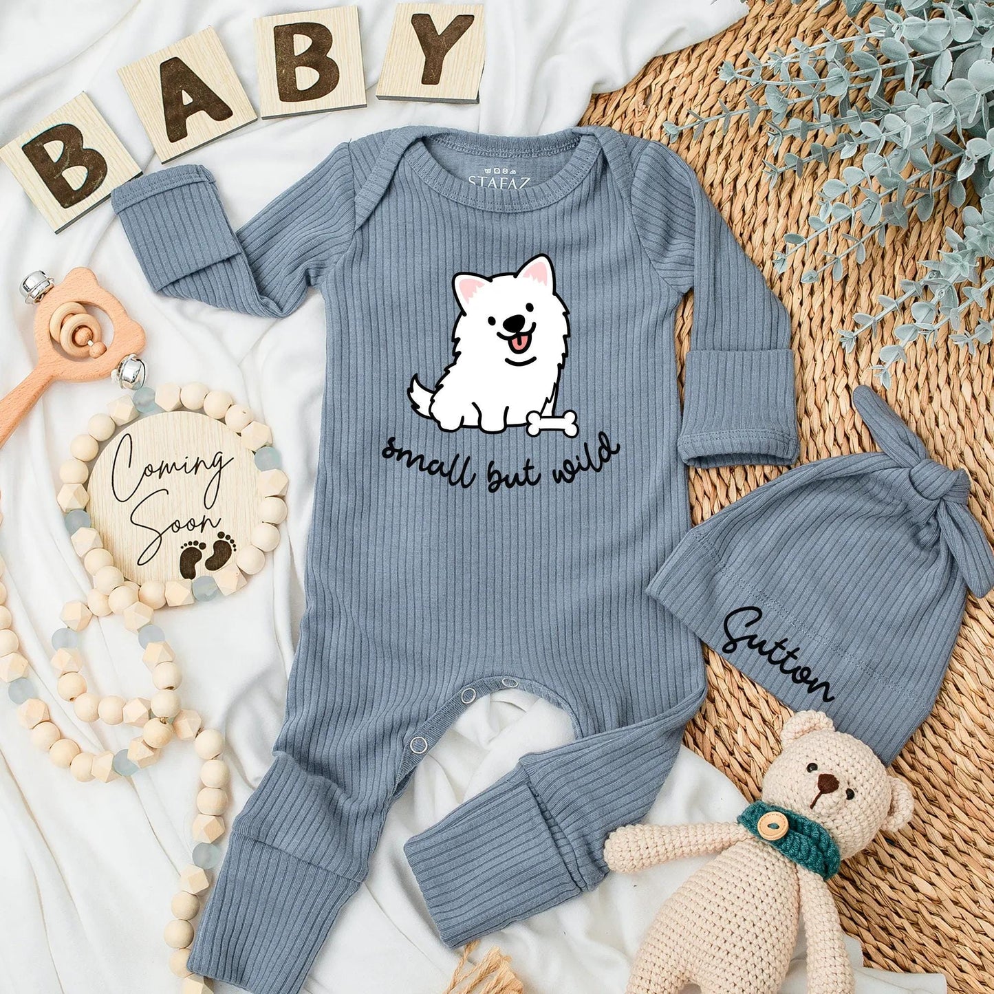 Small But Wild Baby Bodysuit Cute Cartoon Dog Puppy with Tongue Out Happy Expression Black and White Minimalist Playful Design Newborn Outfit