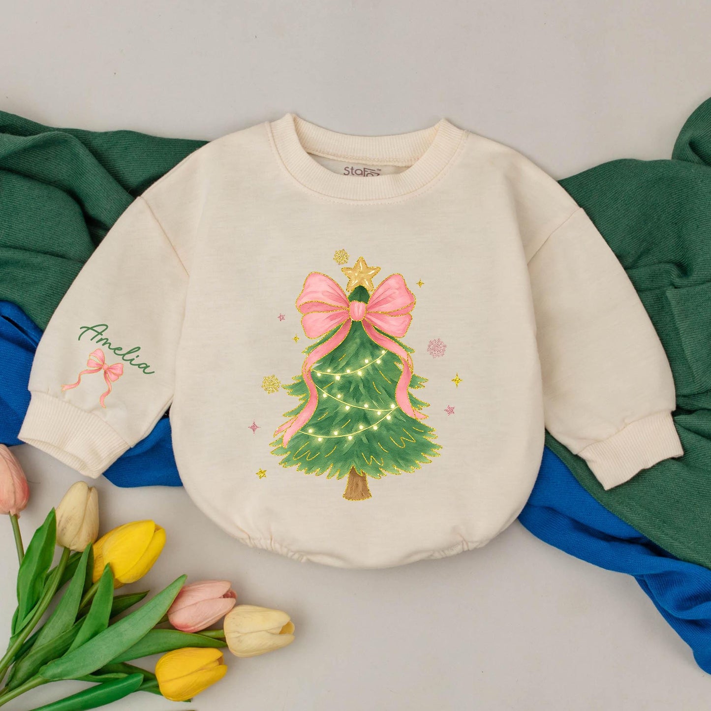 Personalized Baby Girl Christmas Tree Romper Pink Bow Gold Star Lights Whimsical Watercolor Xmas Bodysuit Custom Name Winter Outfit Festive First Christmas Gift