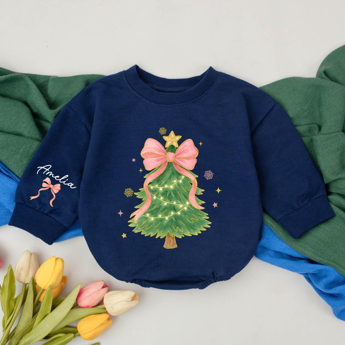Personalized Baby Girl Christmas Tree Romper Pink Bow Gold Star Lights Whimsical Watercolor Xmas Bodysuit Custom Name Winter Outfit Festive First Christmas Gift