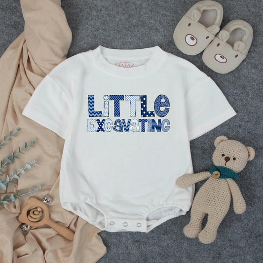 Little Excavating Personalized Boy Bubble Romper Baby Shower Gift Custom Name Toddler Birthday Outfit Blue Print Cotton
