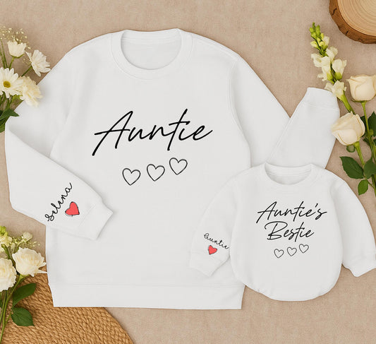 Personalized Auntie and Auntie's Bestie Matching Sweatshirts with Custom Name Script Sleeve and Red Heart Detail for Family Gifts Toddler Baby Romper Newborn Outfit
