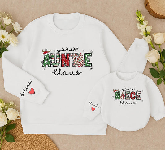 Matching Auntie & Niece Claus Christmas Sweatshirts: Festive Holiday Outfits for Her, Aunt Gift, Playful Family Matching, Red, Green, & White, Comfy Cotton (139 chars)