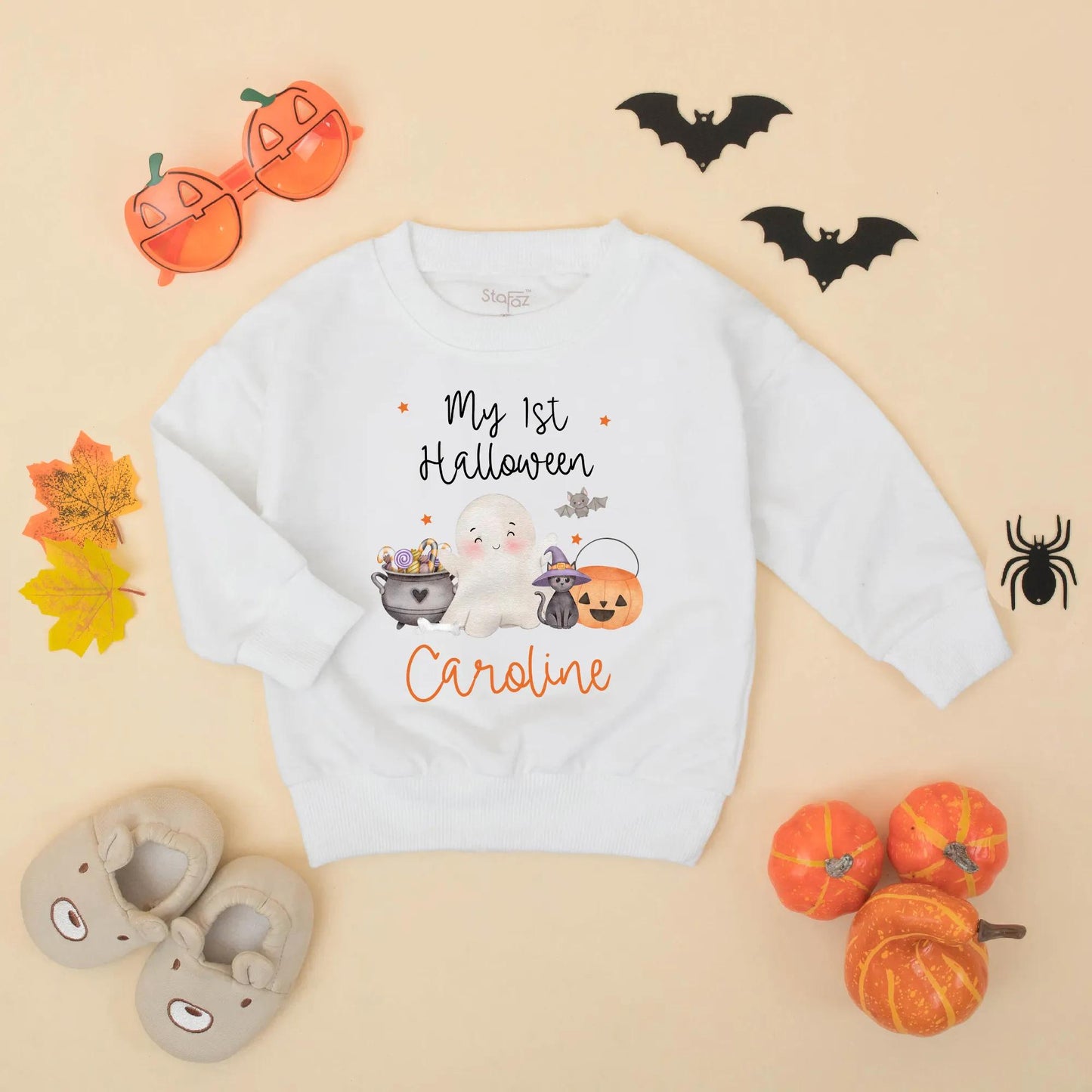 Personalized My 1st Halloween Bubble Romper, Cute Baby Girl Bodysuit, Caroline Name Ghost Pumpkin Outfit, Fall Baby Gift