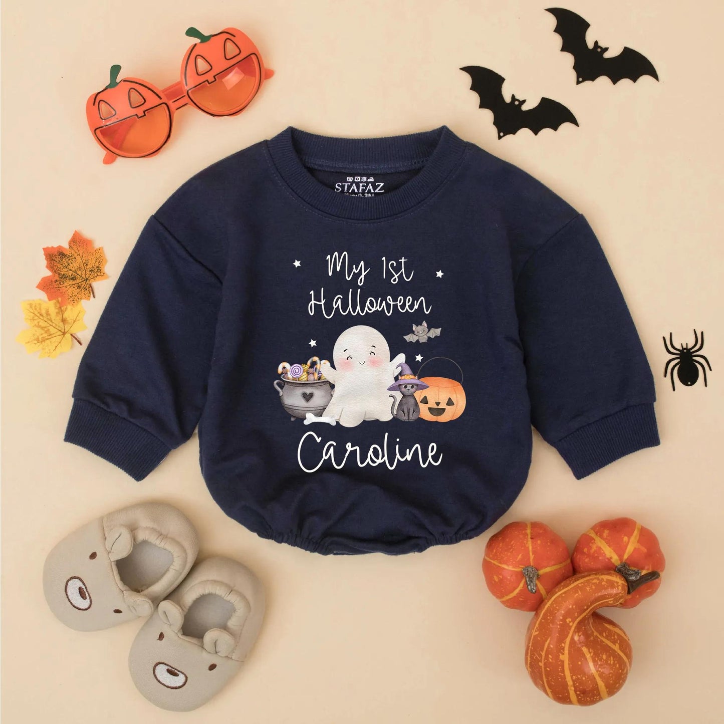 Personalized My 1st Halloween Bubble Romper, Cute Baby Girl Bodysuit, Caroline Name Ghost Pumpkin Outfit, Fall Baby Gift
