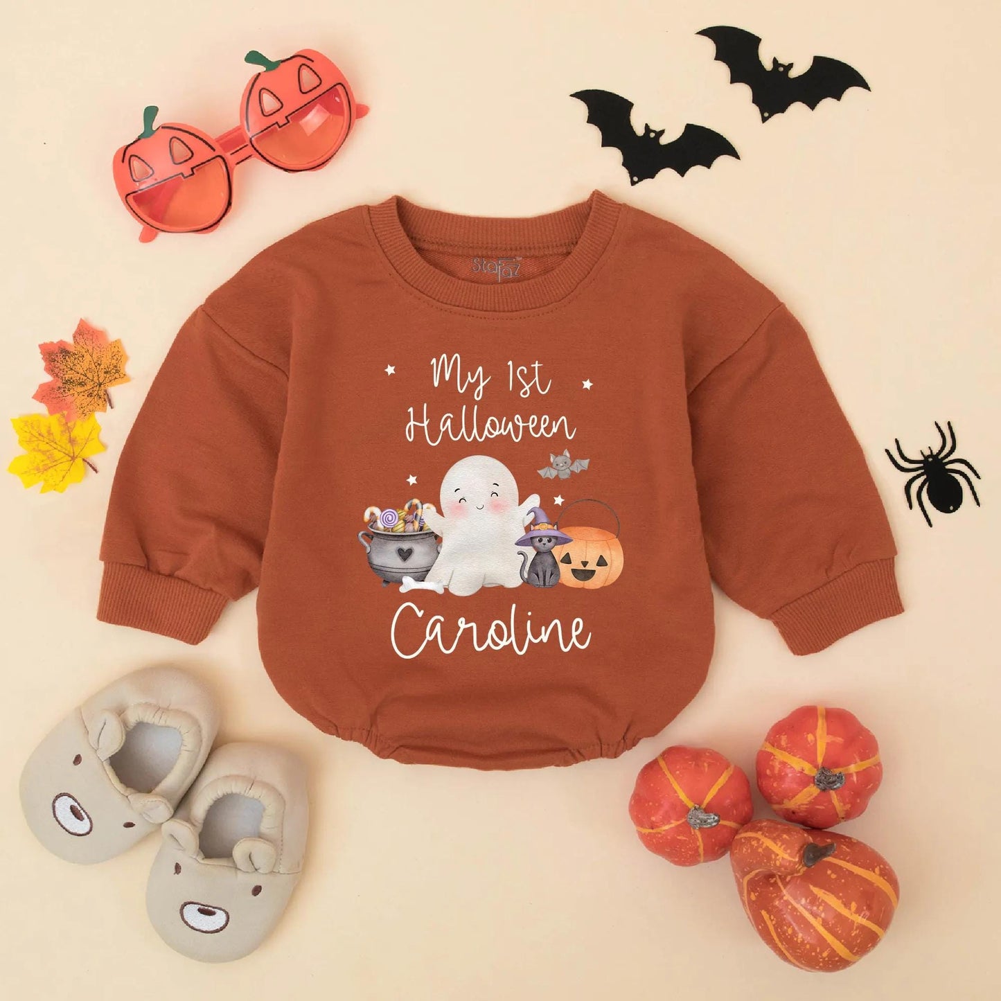 Personalized My 1st Halloween Bubble Romper, Cute Baby Girl Bodysuit, Caroline Name Ghost Pumpkin Outfit, Fall Baby Gift