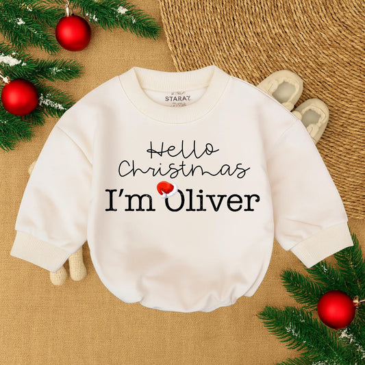 Baby Girl's 1st Christmas Romper 'Hello Christmas I'm Oliver' Santa Hat Design Newborn Outfit Gift Idea, Cozy & Comfortable