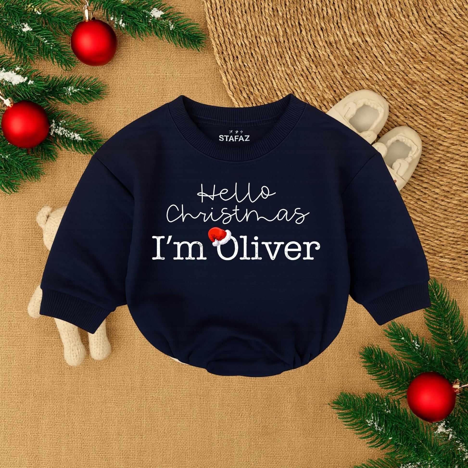 Baby Girl's 1st Christmas Romper 'Hello Christmas I'm Oliver' Santa Hat Design Newborn Outfit Gift Idea, Cozy & Comfortable