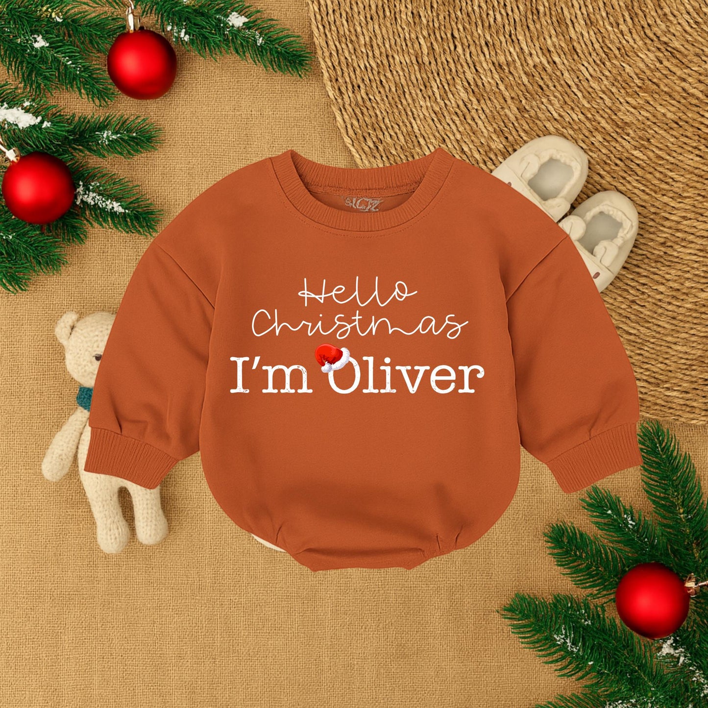 Baby Girl's 1st Christmas Romper 'Hello Christmas I'm Oliver' Santa Hat Design Newborn Outfit Gift Idea, Cozy & Comfortable
