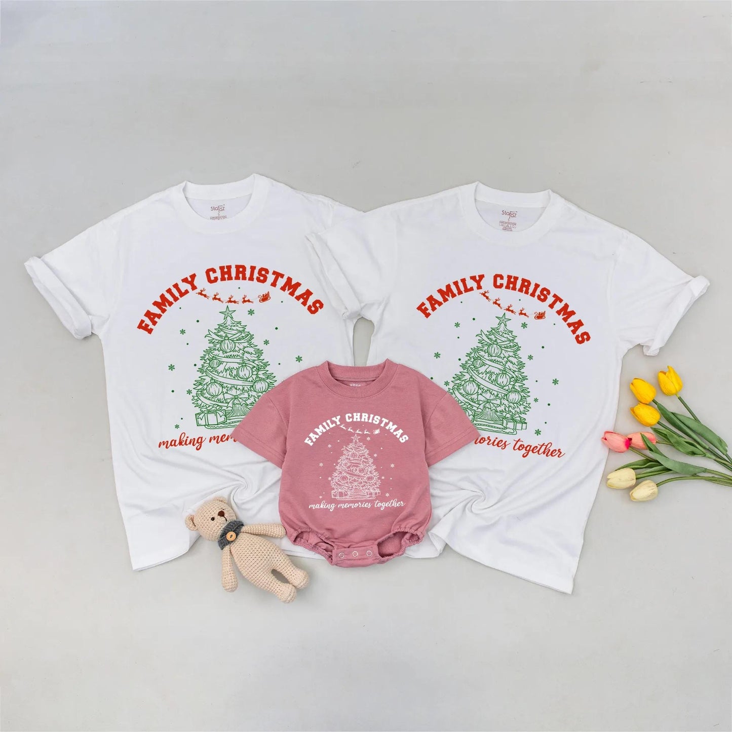 Family Christmas Matching Shirts with Festive Green Tree and Sleigh Design making memories together Cheerful Holiday Tee Comfortable Soft Cotton Outfit