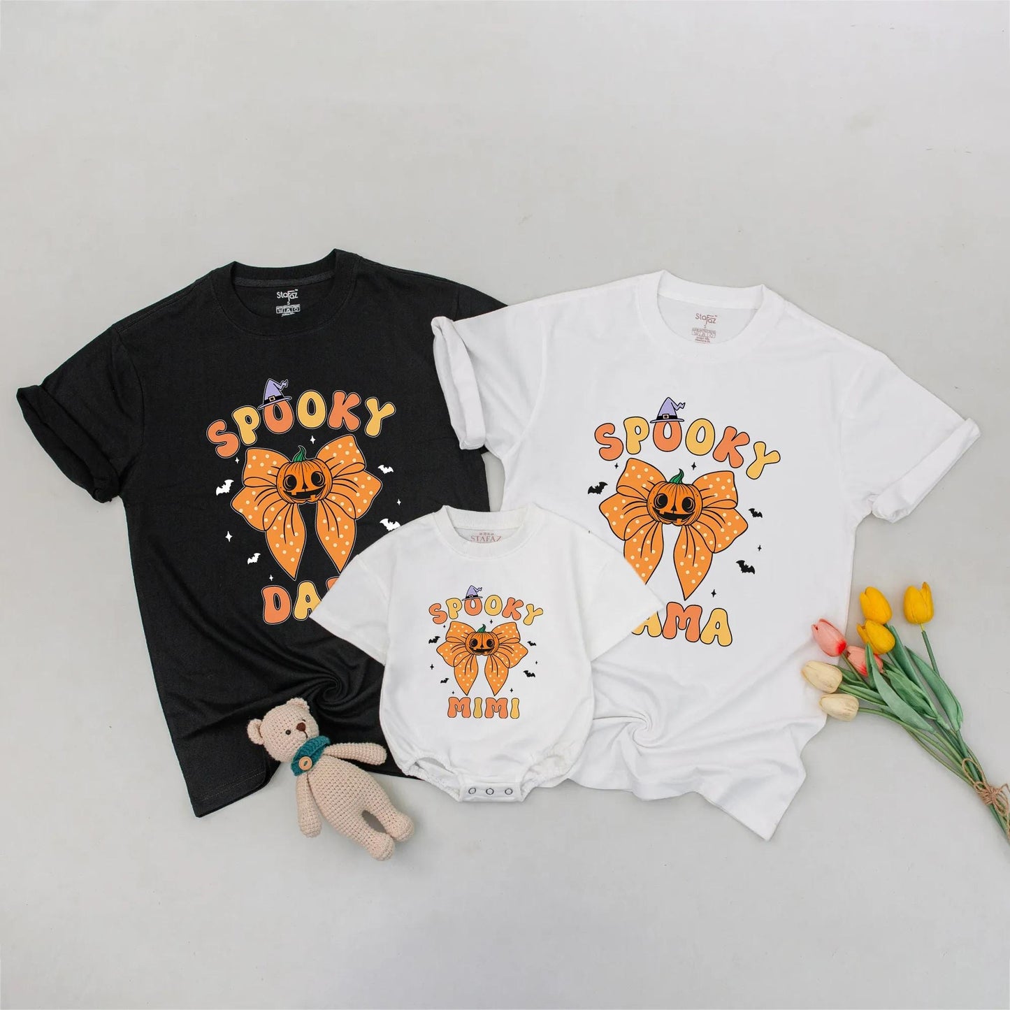 Retro Spooky Mama & Mini Matching Halloween Sweatshirt Cute Pumpkin Bow Witch Hat Family Outfit Orange Yellow Black Bats Stars