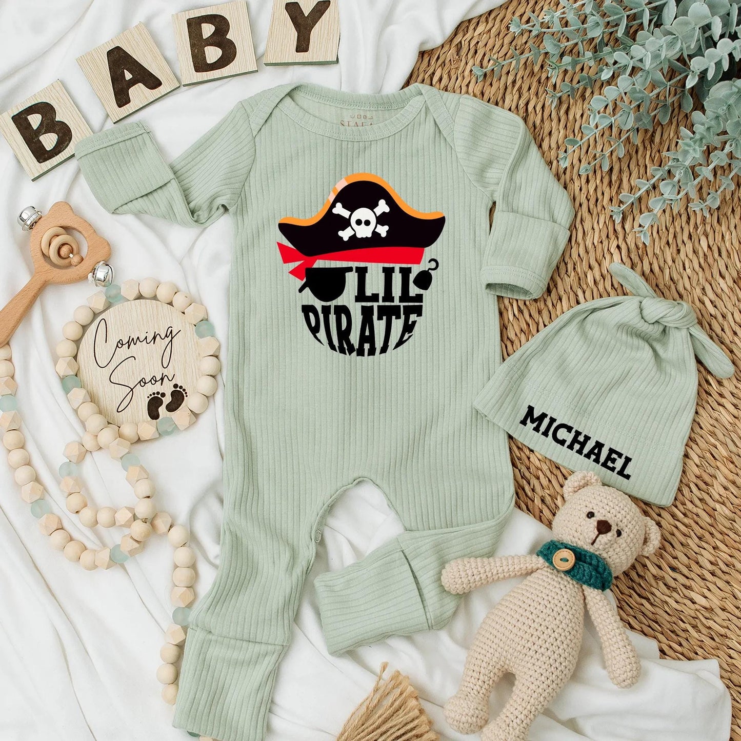 Lil Pirate Bodysuit for Baby Boy, Ahoy Matey Newborn Outfit, Skull & Crossbones Coming Home Outfit, Whimsical Baby Shower Gift, Infant Clothes (139 chars)