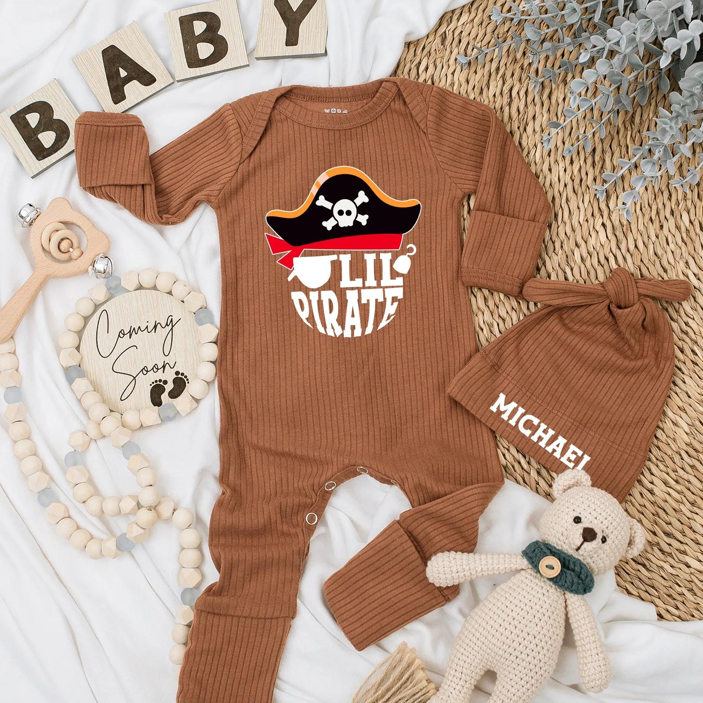 Lil Pirate Bodysuit for Baby Boy, Ahoy Matey Newborn Outfit, Skull & Crossbones Coming Home Outfit, Whimsical Baby Shower Gift, Infant Clothes (139 chars)