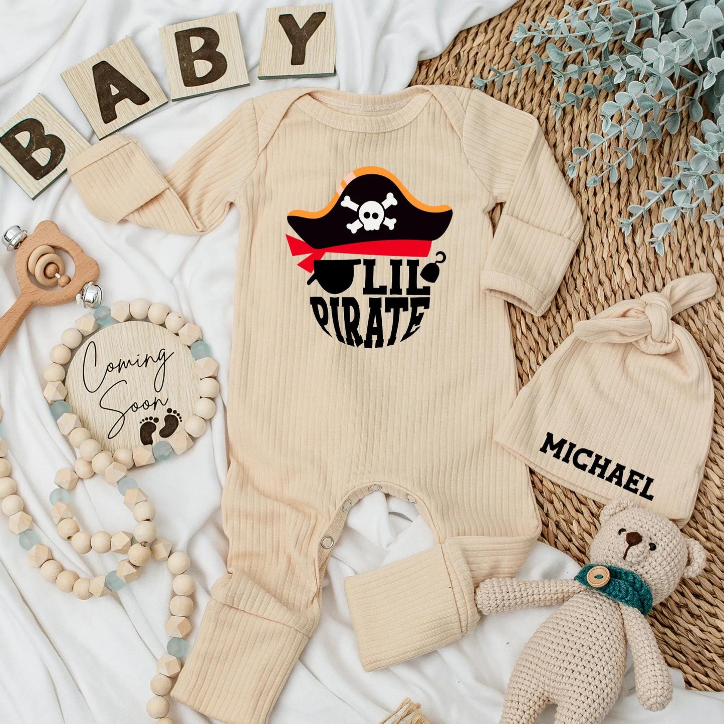 Lil Pirate Bodysuit for Baby Boy, Ahoy Matey Newborn Outfit, Skull & Crossbones Coming Home Outfit, Whimsical Baby Shower Gift, Infant Clothes (139 chars)