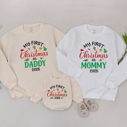 My First Christmas 2025 Sweatshirt for Mommy & Daddy Matching Family Festive Gifts with Santa Hats Stockings & Gifts Custom New Parent Apparel