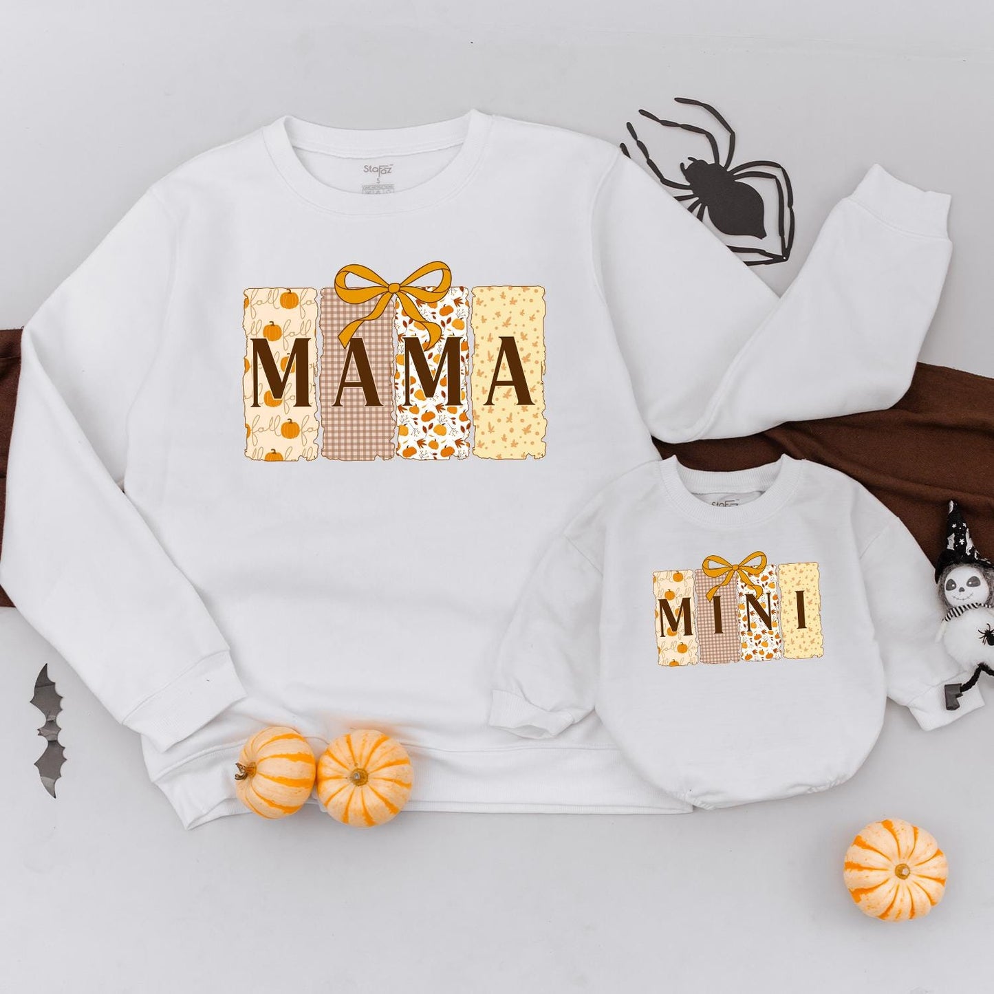 Fall Mama Mini Matching Sweatshirts Pumpkin Patchwork Bow Design Gingham Cream Yellow Shapes Cozy Autumn Apparel Halloween Thanksgiving Family