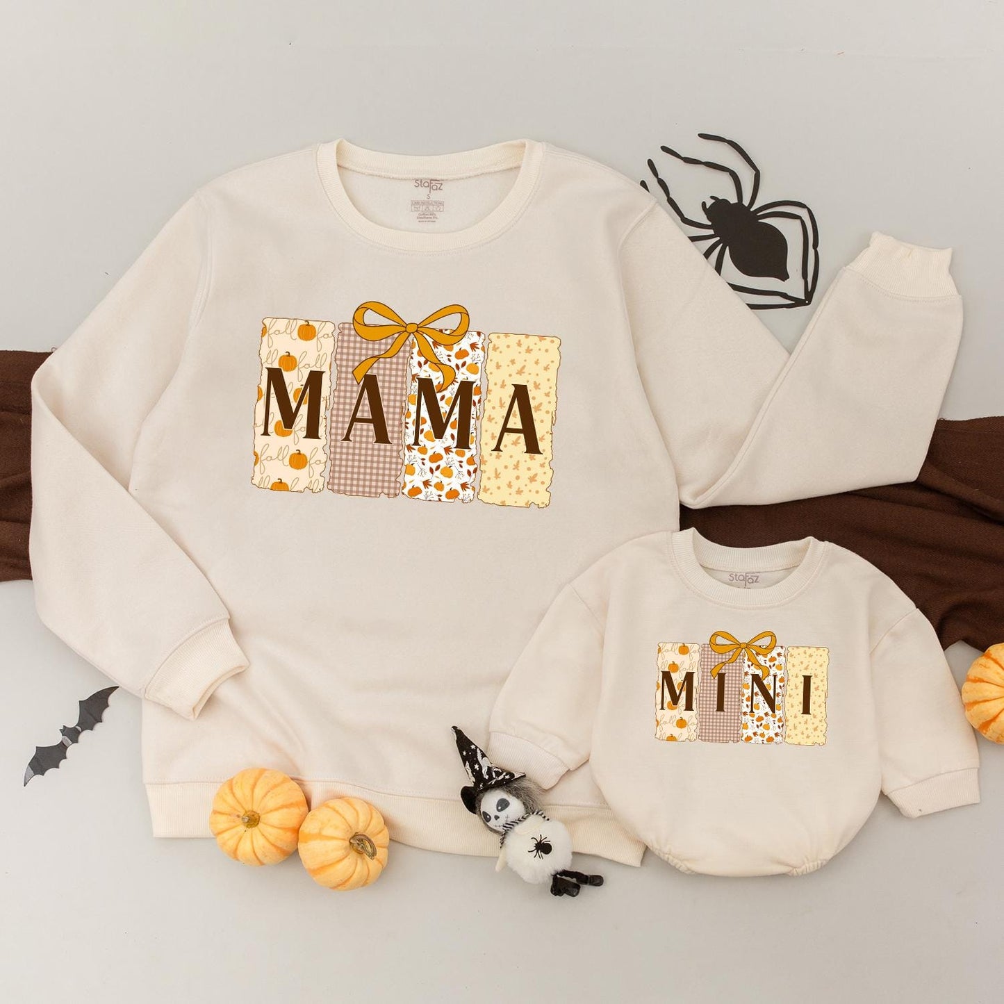Fall Mama Mini Matching Sweatshirts Pumpkin Patchwork Bow Design Gingham Cream Yellow Shapes Cozy Autumn Apparel Halloween Thanksgiving Family