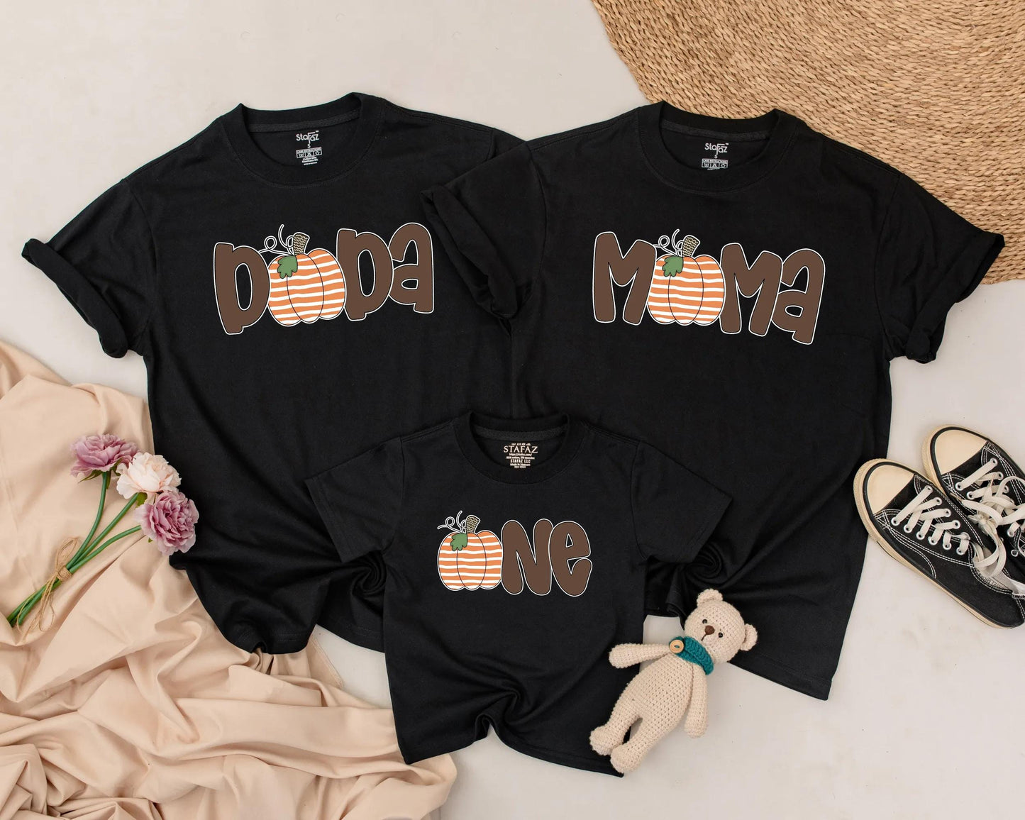 Matching Family Pumpkin Patch Shirts: Papa, Mama, Sister & One, Cute Fall Thanksgiving Outfit, First Birthday Party, Retro Brown Font, Orange & White Pumpkins (139 chars)