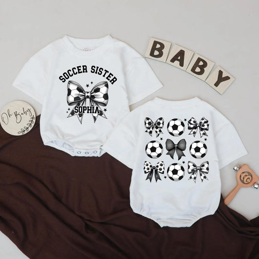 Personalized Soccer Sister Baby Romper with Custom Name, Black & White Sporty Bodysuit, Football Season Baby Clothes, Gift