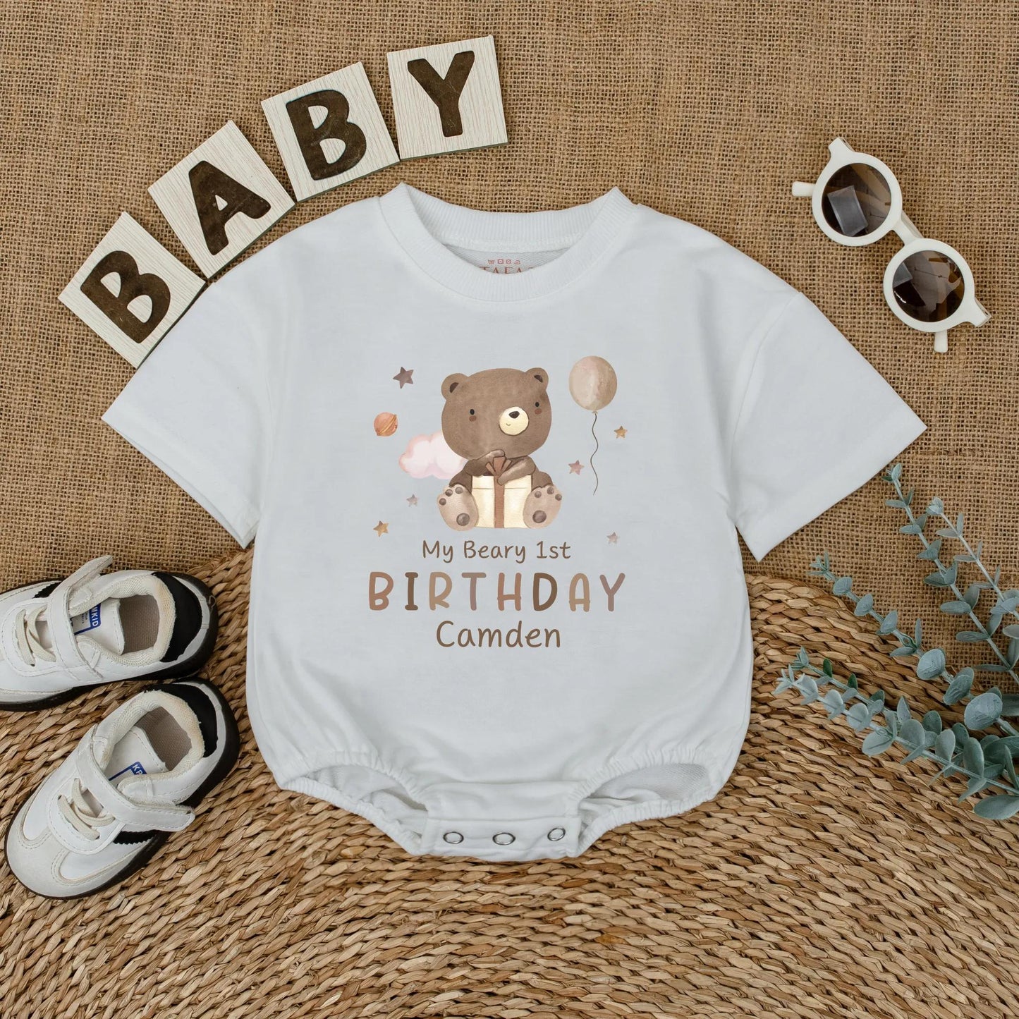 Custom Beary 1st Birthday Romper for Baby Camden with Gold Gift Box and Pink Cloud Design Whimsical Smash Cake Outfit Neutral Boy Girl Gift