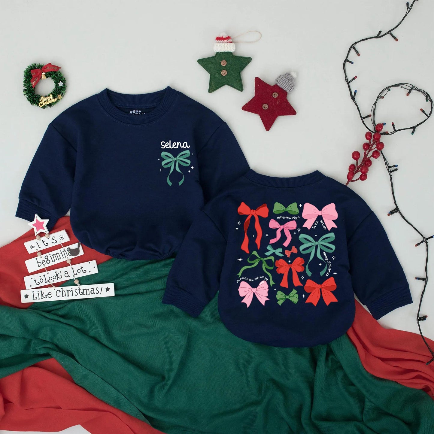 Personalized Selena Christmas Bow Romper, Baby's First Christmas Outfit, Custom Name Girl's Bodysuit, Festive Holiday Baby Shower Gift