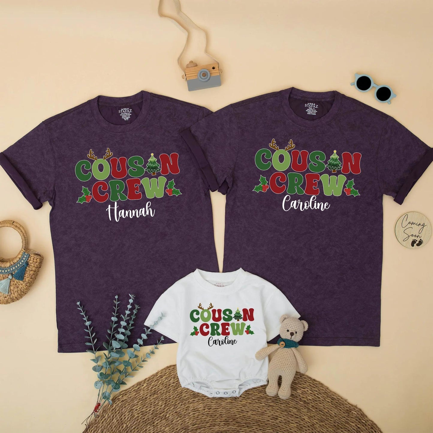 Personalized Christmas Cousin Crew Matching Family Holiday Shirt with Name Antlers Holly Berries Green Red Toddler Kids Festive Gathering T-shirt