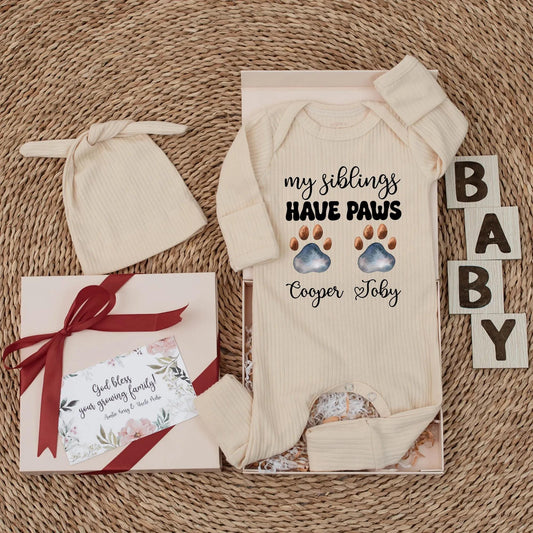 My Siblings Have Paws Baby Bodysuit: Custom Dog Name Outfit, Newborn Clothes, Paw Prints, Cooper & Toby Heart, Baby Shower Gift for Pet Lovers