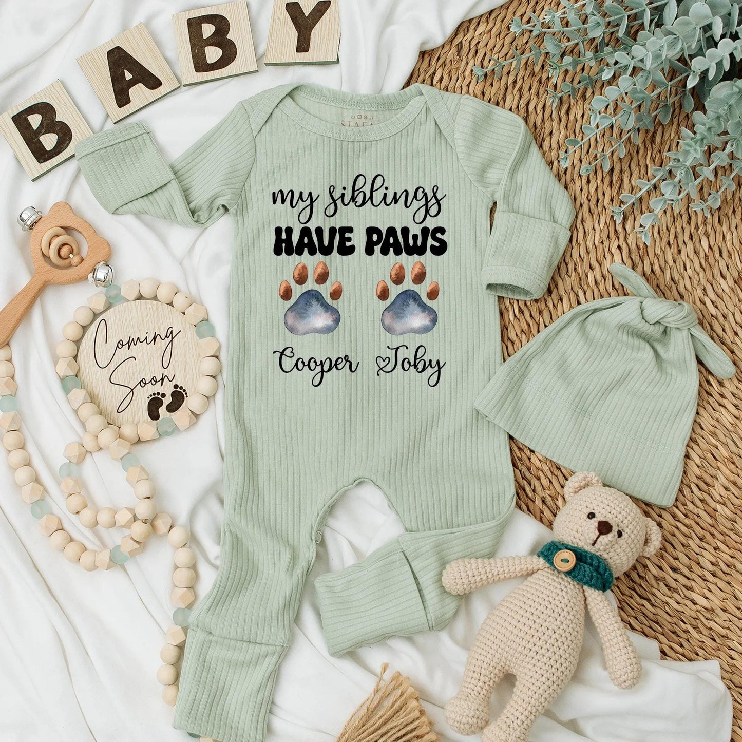 My Siblings Have Paws Baby Bodysuit: Custom Dog Name Outfit, Newborn Clothes, Paw Prints, Cooper & Toby Heart, Baby Shower Gift for Pet Lovers