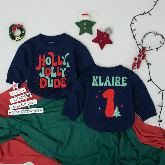 Personalized Holly Jolly Dude 1st Christmas Romper Outfit for Baby Boy, Custom Name Holiday Bodysuit, Xmas Gift, Newborn