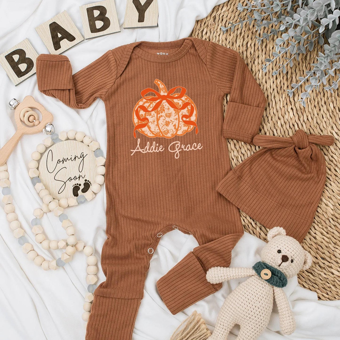 Addie Grace Personalized Bow Pumpkin Baby Girl Bodysuit Cute Orange Floral Autumn Thanksgiving Newborn Outfit First Birthday Gift