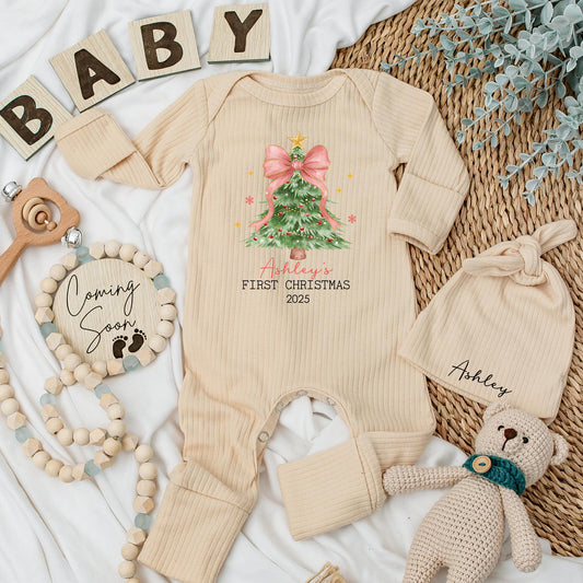 Personalized First Christmas Baby Bodysuit Ashley's 2025, Xmas Tree Outfit with Pink Bow Newborn Gift, My 1st Xmas Clothes Holiday Keepsake 136