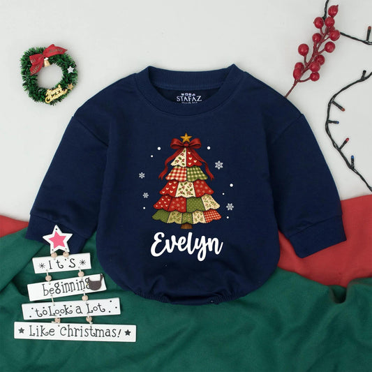 Personalized Baby Christmas Romper: Retro Patchwork Tree "Evelyn" Bodysuit, Vintage Holiday Outfit, Custom Infant Clothes, Coming Home Gift (138 chars)