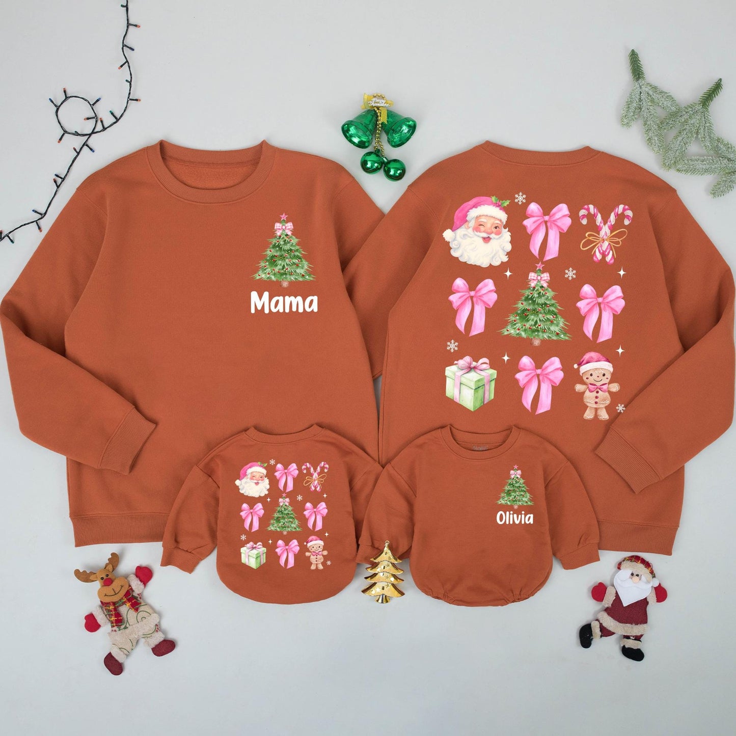 Personalized Mama Christmas Sweatshirt, Matching Xmas Family Outfits, Custom Name Olivia Holiday Sweaters, Pink Green Watercolor Tree, Baby's First Xmas Gift