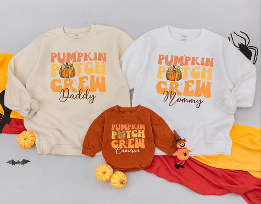 Personalized Pumpkin Patch Crew Matching Family Sweatshirt, Retro Fall Outfit for Toddler Kid, Custom Thanksgiving Gift, Cheetah Pumpkin Bow 139char