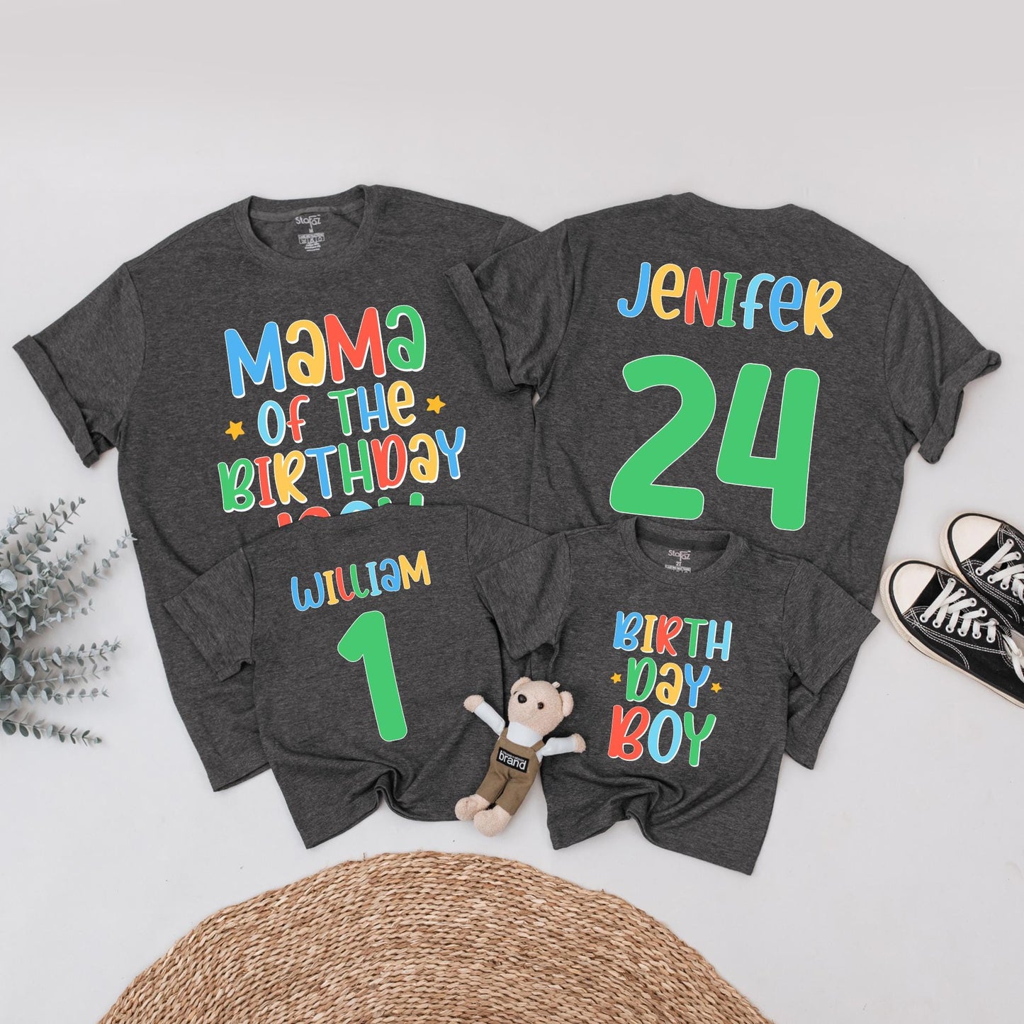 Birthday Boy Family Matching Shirts Mama of Birthday Boy Jenifer 24 Colorful Cartoon Style Fun Celebration Outfits