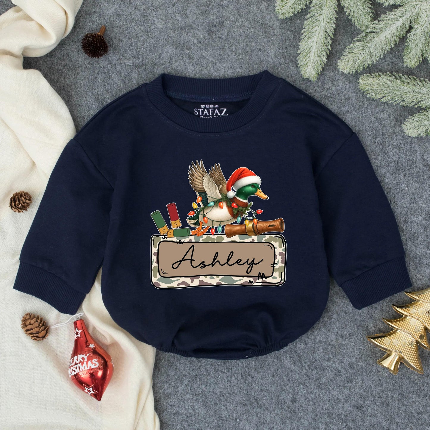 Personalized Christmas Bubble Romper Mallard Duck Santa Hat Lights Rustic Camo Banner Ashley My First Christmas Gift Baby Boy
