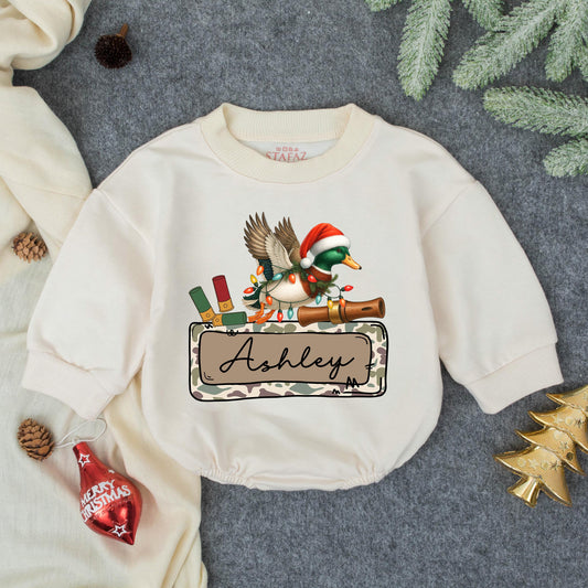 Personalized Christmas Bubble Romper Mallard Duck Santa Hat Lights Rustic Camo Banner Ashley My First Christmas Gift Baby Boy