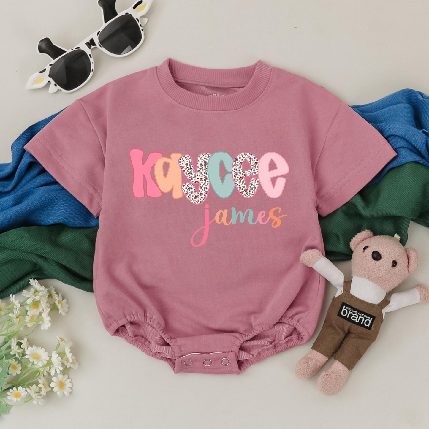 Personalized Baby Girl Romper with Floral Name, Cute Bubble Outfit for Kaycee James, First Birthday Clothes, Unique Baby Shower Gift, Soft Cotton (139 chars)