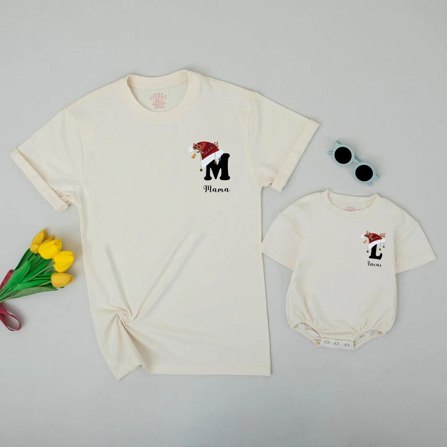 Custom Christmas Matching Family Sweatshirts with Personalized Santa Hat Reindeer Antlers Initial Name Design Playful Holiday Comfort Gift