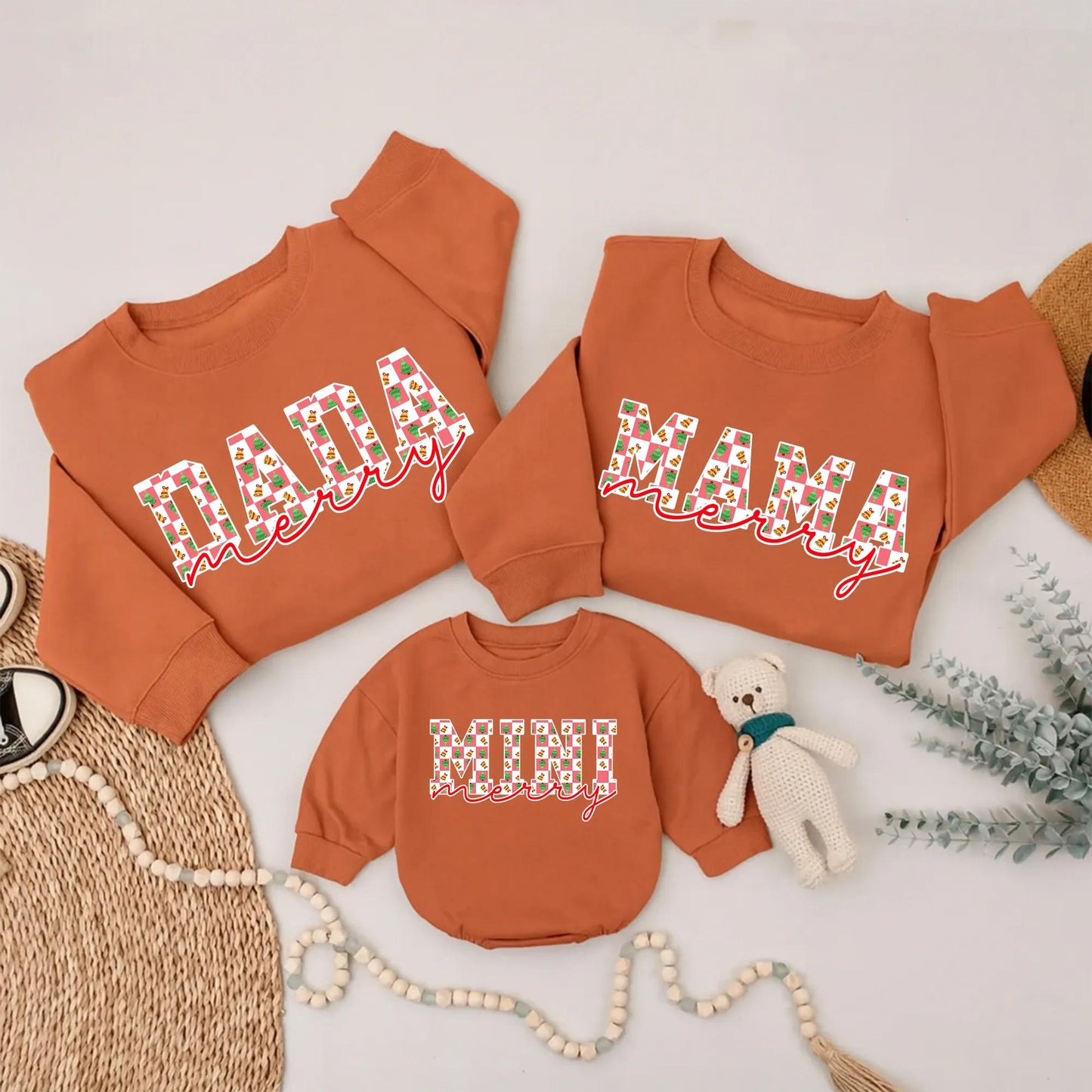 Matching Mama Mini Christmas Sweatshirt: Merry Red & White Check, Tree & Bell Design, Festive Mommy and Me Holiday Outfit, Cozy Matching Family Sweaters
